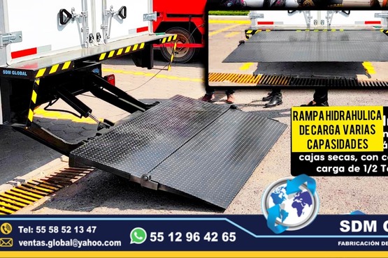 Fabricantes de Rampas hidraulicas para camiones, camionetas, de carga y descarga venta y fabricacion. SDM Global Mexico somos una empresa líder en la fabricacion de Rampas Hidraulicas para camion, camioneta, de carga y descarga cajas y remolques con personal altamente capasitado para su fabricacion, contamos con diferentes capasidades en cada rampa hidraulica.Las rampas hidráulicas son plataformas de acero que te ayudarán a cargar y descargar una gran cantidad de productos en menor tiempo, fabricadas para carrocerias remolques cajas secas plataformas unidade moviles, especiales para chasis camioneta camiones rabones.Somos una Empresa Mexicana líder en el Mercado con años de experiencia, especialistas como fabricantes de Rampas Hidraulicas unidades moviles, carrocerias, cajas secas, remolques, pipas de agua, compactadores de basura, alargado y acorazado de chasis, equipamiento de patrullas, ambulancias de traslado, gruas de plataforma, redilas estaquitas, unidades para trasalado de reos, personal, primer respondiente, antimotin, proximidad, etc.Somos fabribricantes directos, distribuidores en todo Mexico, comunicate y te atenderemos personalmente.